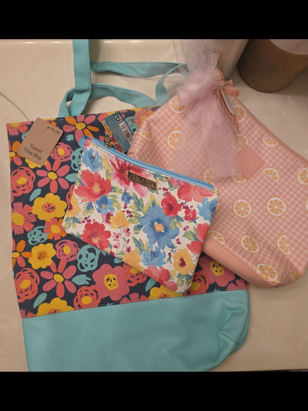 Bundle Of Floral Cosmetic Pouch & Lemon Print Wristlet, and Turquoise-Trim Tote